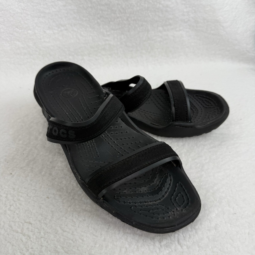 Crocs Cleo Womens 11 Black Double Strap Slide Sandals Open Toe Flat